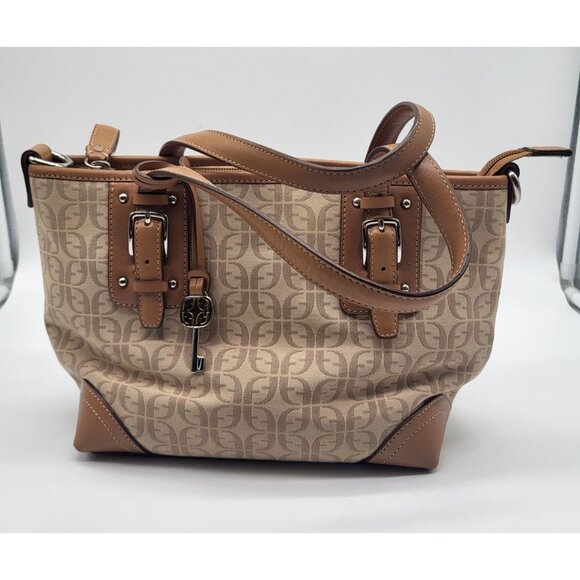 Fossil Handbags - VTG FOSSIL Women's Hand Bag Purse Brown Tan Logo Key Leather Canvas